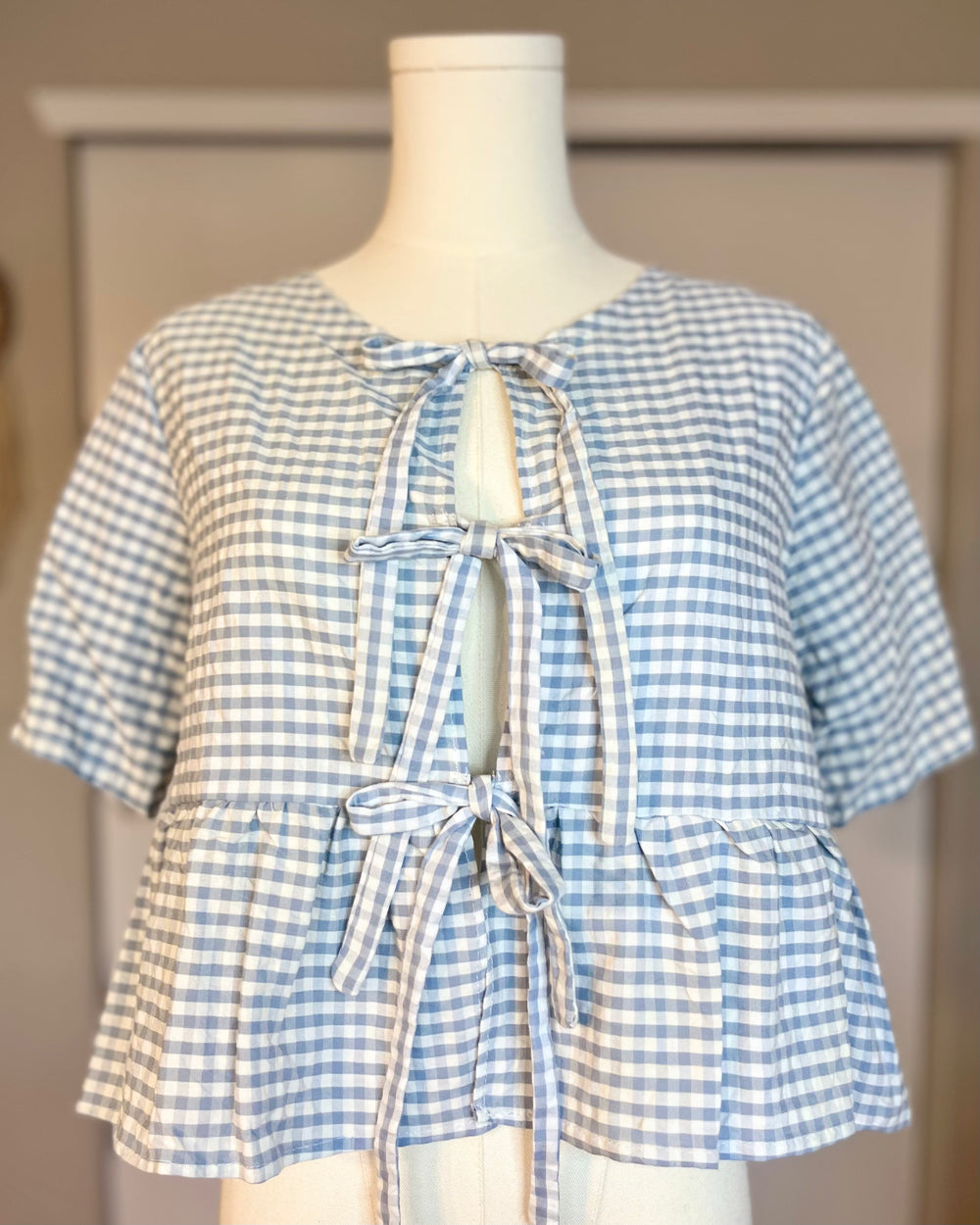 HAND-SEWN BLUE GINGHAM PEPLUM TOP WITH BOWS