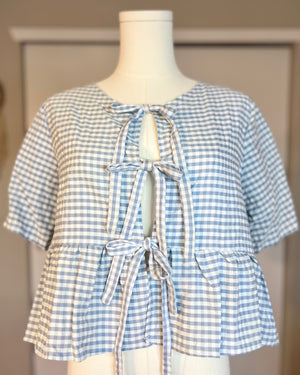 HAND-SEWN BLUE GINGHAM PEPLUM TOP WITH BOWS HAND-SEWN BLUE GINGHAM PEPLUM TOP WITH BOWS
