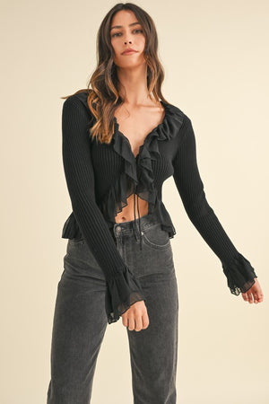 FEARLESS BLACK RUFFLED RIBBED LONG-SLEEVE TIE-FRONT TOP FEARLESS BLACK RUFFLED RIBBED LONG-SLEEVE TIE-FRONT TOP