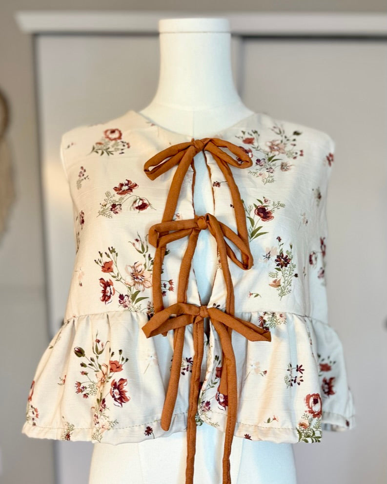 HAND-SEWN VINTAGE FLORAL PEPLUM TOP WITH BOWS