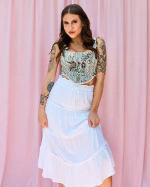 EFFORTLESS WHITE TIERED MIDI SKIRT W/ DRAWSTRING EFFORTLESS WHITE TIERED MIDI SKIRT W/ DRAWSTRING