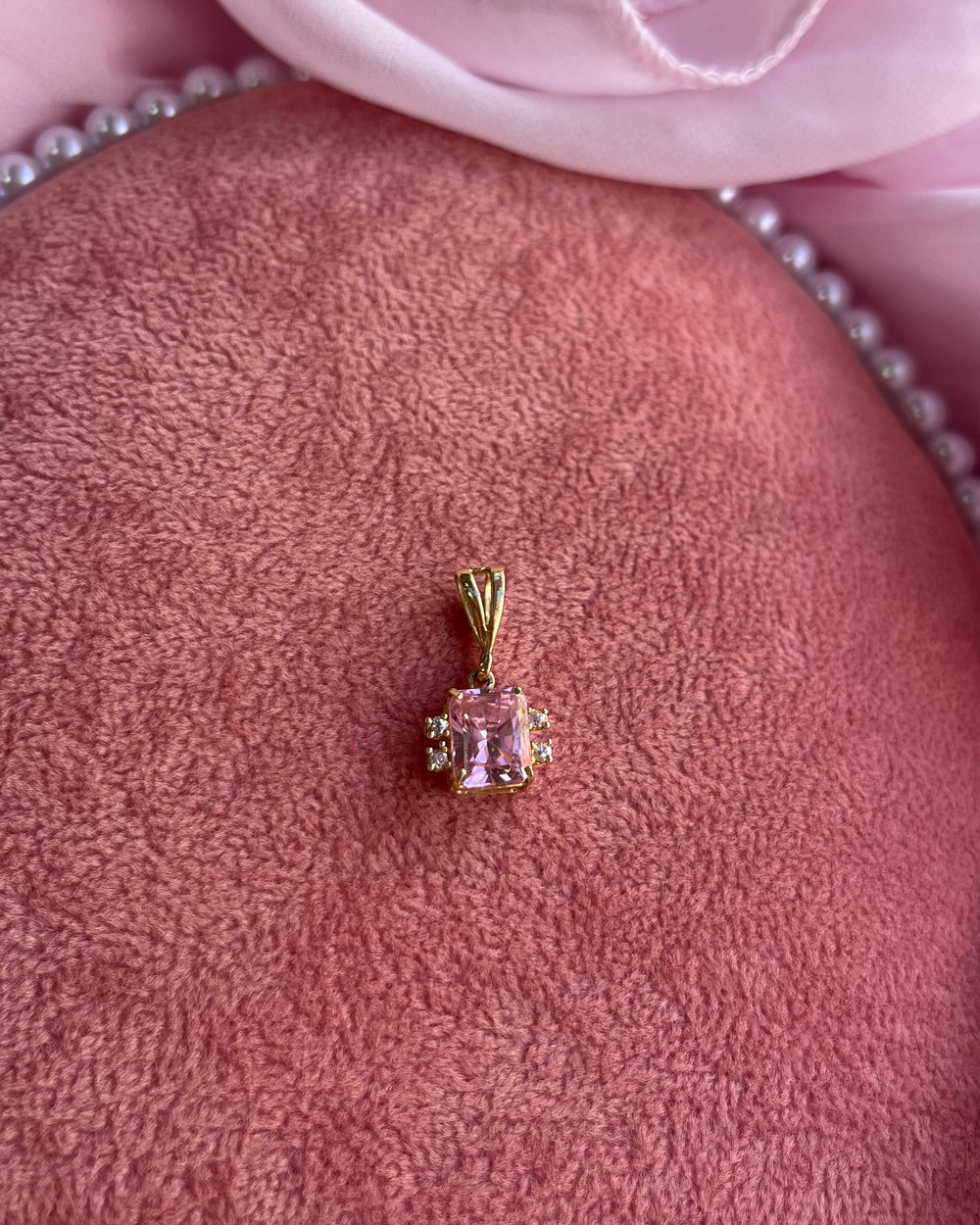 Pink Emerald Cut Gem Gold Charm