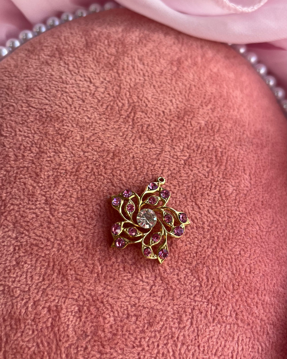 Gold Flower With Pink Crystals Charm