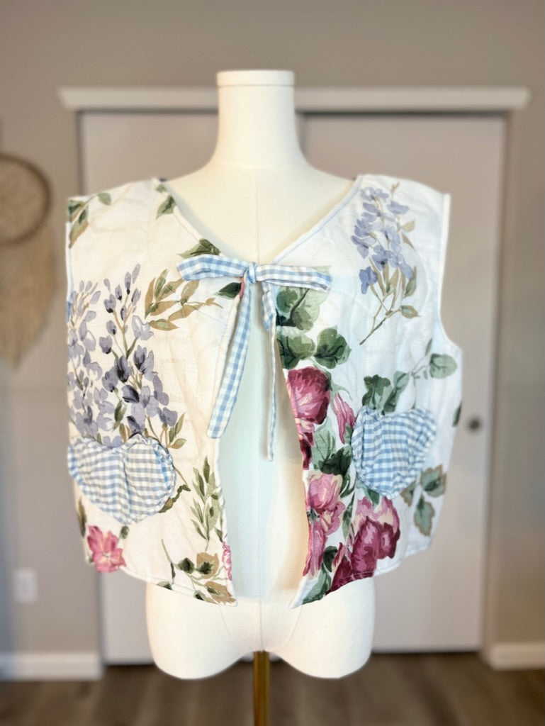 HAND-SEWN VINTAGE FLORAL QUILTED VEST WITH HEARTS & BOWS