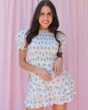 LYDIA LAVENDER FLORAL TIERED MINI PUFF-SLEEVE DRESS LYDIA LAVENDER FLORAL TIERED MINI PUFF-SLEEVE DRESS