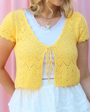 DULCIE DAINTY YELLOW POINTELLE TIE-FRONT KNIT CARDIGAN DULCIE DAINTY YELLOW POINTELLE TIE-FRONT KNIT CARDIGAN