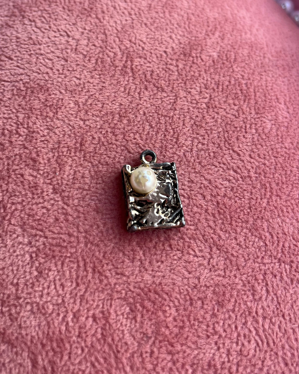 Textured Silver Square With Pearl Charm