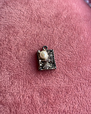 Textured Silver Square With Pearl Charm Textured Silver Square With Pearl Charm