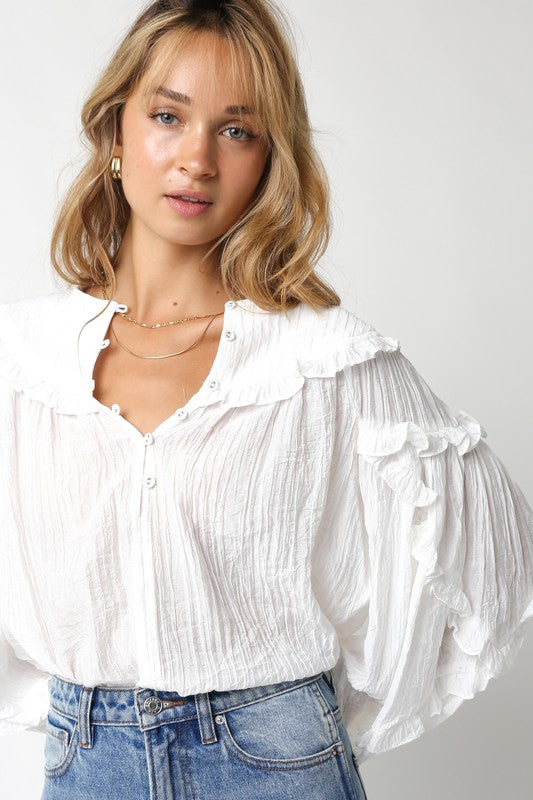 JEN WHITE WOVEN LONG-SLEEVE TOP