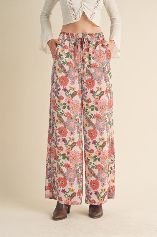 VENUS PINK FLORAL SATIN HIGH-WAISTED PANTS