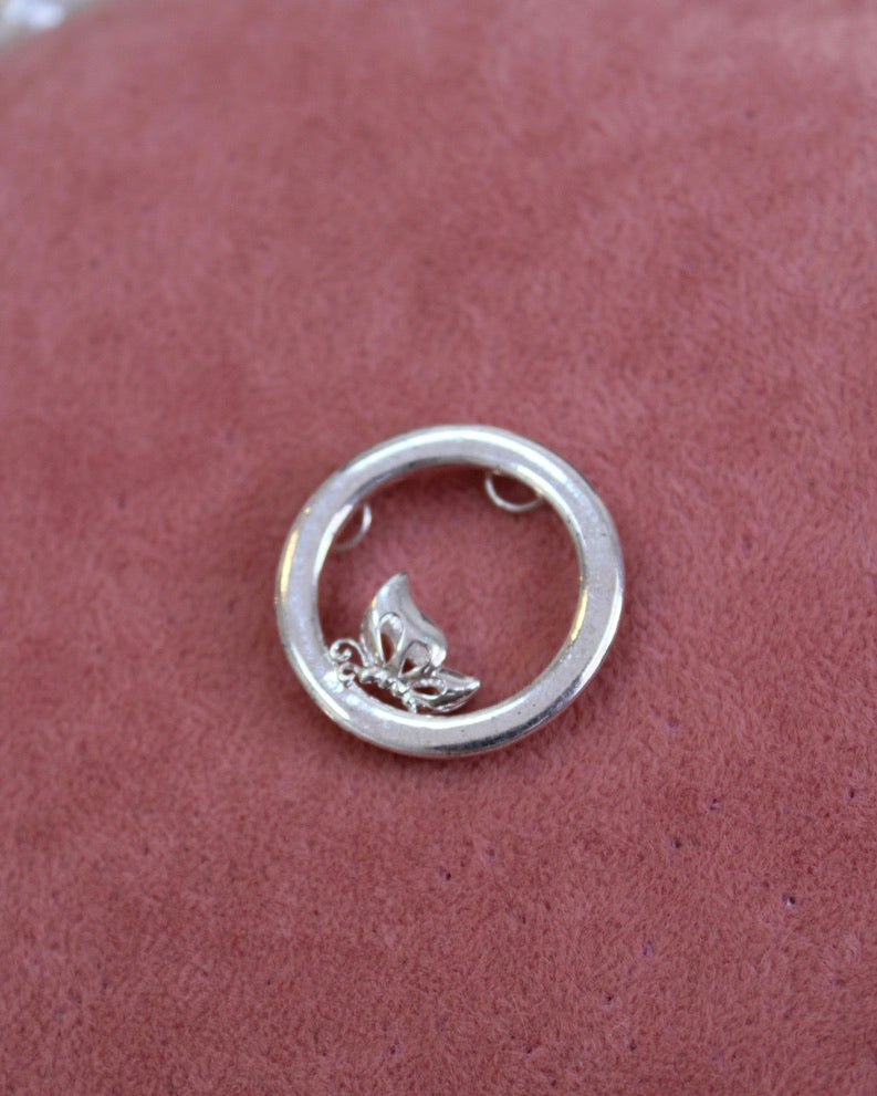Large Butterfly Silver Cirlce Charm