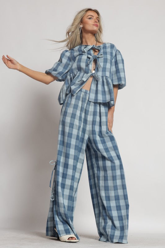 CINDY PLAID SIDE TIED PANTS