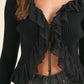 FEARLESS BLACK RUFFLED RIBBED LONG-SLEEVE TIE-FRONT TOP