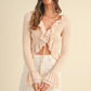 FEARLESS TAUPE RUFFLED RIBBED LONG-SLEEVE TIE-FRONT TOP