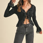 FEARLESS BLACK RUFFLED RIBBED LONG-SLEEVE TIE-FRONT TOP