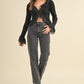 FEARLESS BLACK RUFFLED RIBBED LONG-SLEEVE TIE-FRONT TOP