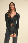 FEARLESS BLACK RUFFLED RIBBED LONG-SLEEVE TIE-FRONT TOP