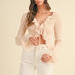 FEARLESS TAUPE RUFFLED RIBBED LONG-SLEEVE TIE-FRONT TOP