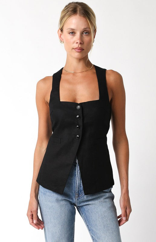 BLAIR BLACK LINEN A-LINE BUTTON TOP