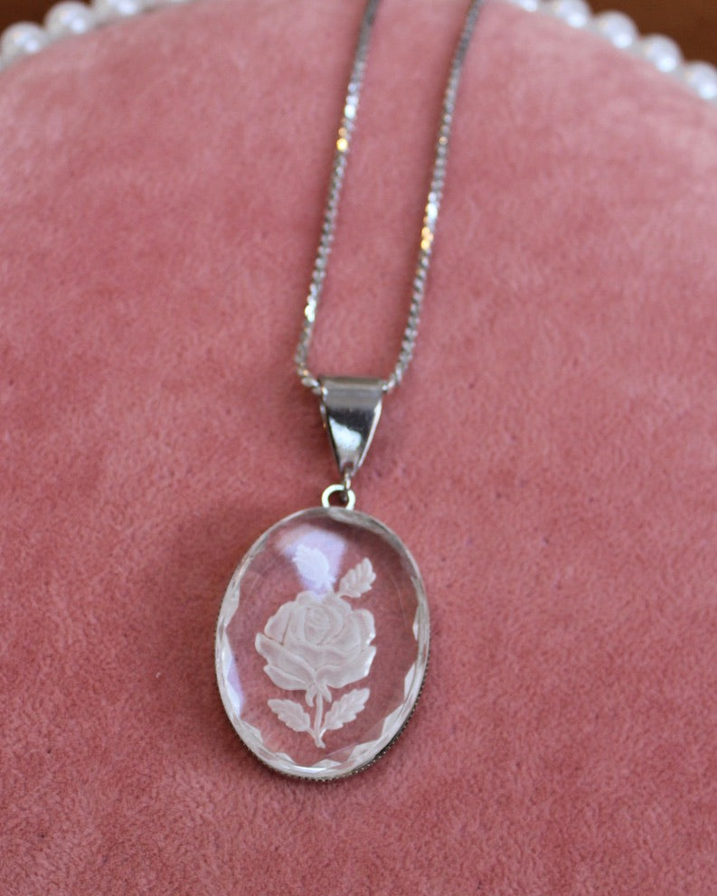 Floral Clear Cameo Rose Pendant Necklace