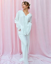 Load image into Gallery viewer, ME AMOUR WHITE PLEATED SILKY LOUNGE BUTTON-UP TOP
