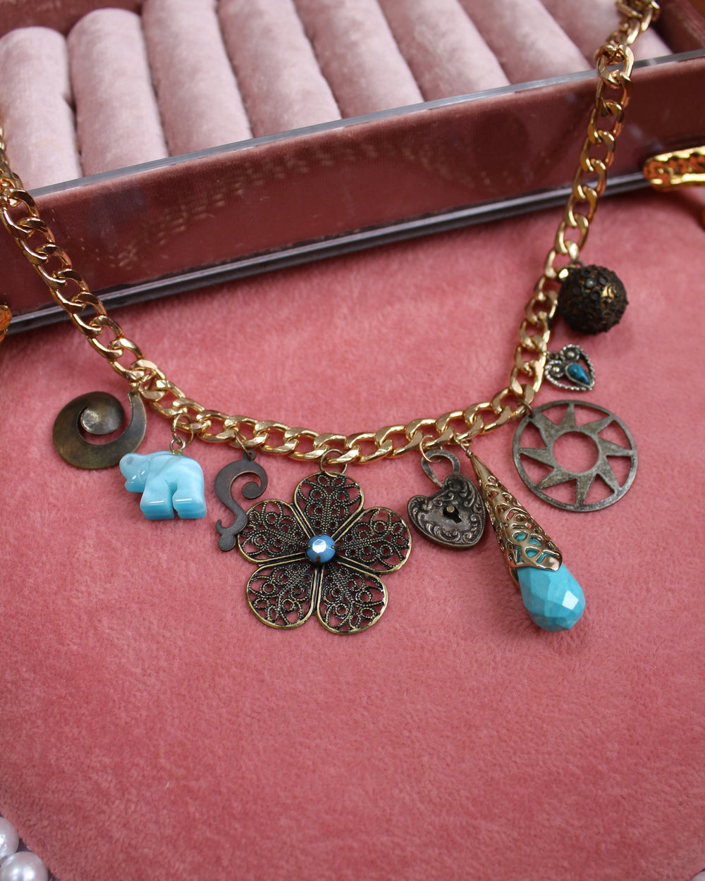 Totally Turquoise Gold Vintage Charm Necklace