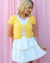 DULCIE DAINTY YELLOW POINTELLE TIE-FRONT KNIT CARDIGAN