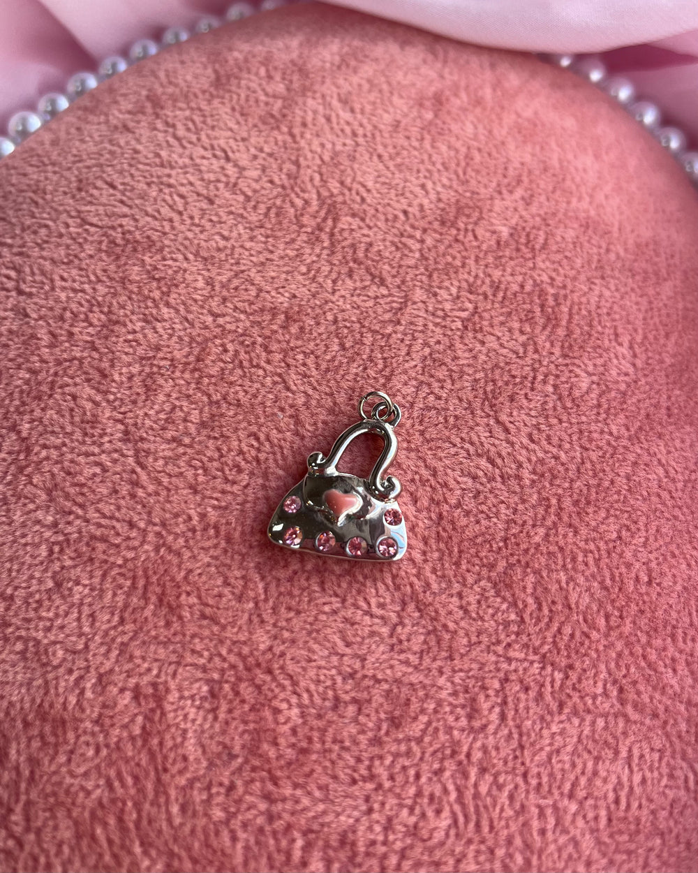 Pink Heart & Gem Handbag Silver Charm