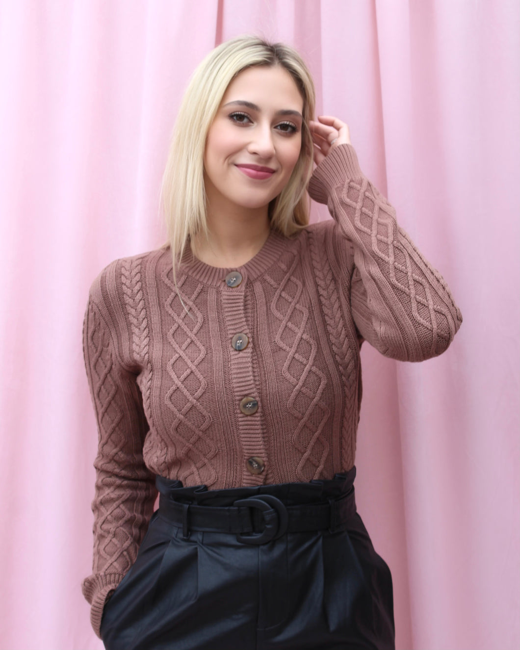 RAELYN MOCHA BROWN CABLE KNIT SWEATER