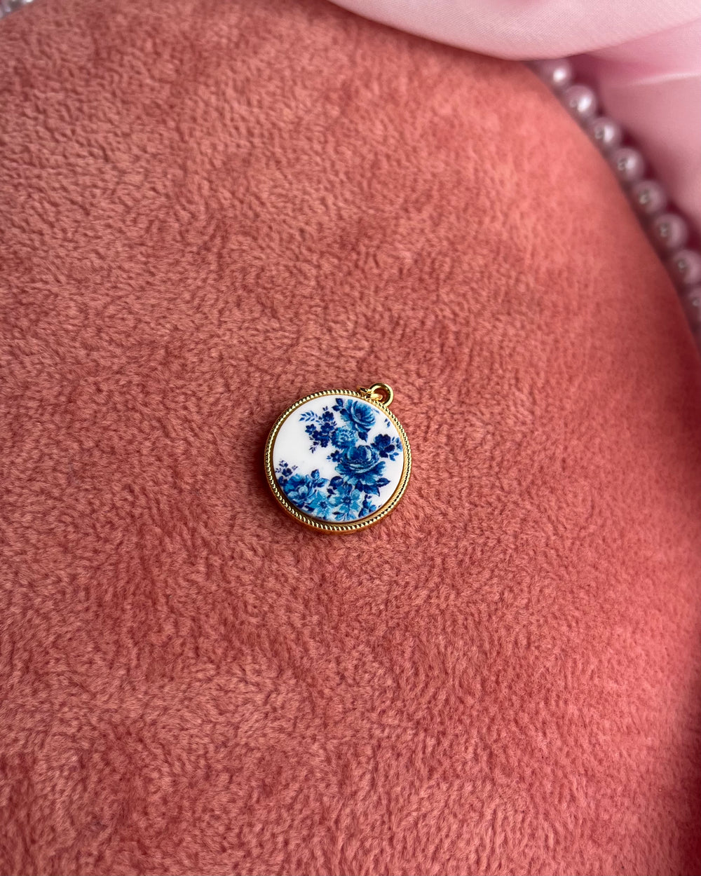 Blue Flowers White Background Circle Charm