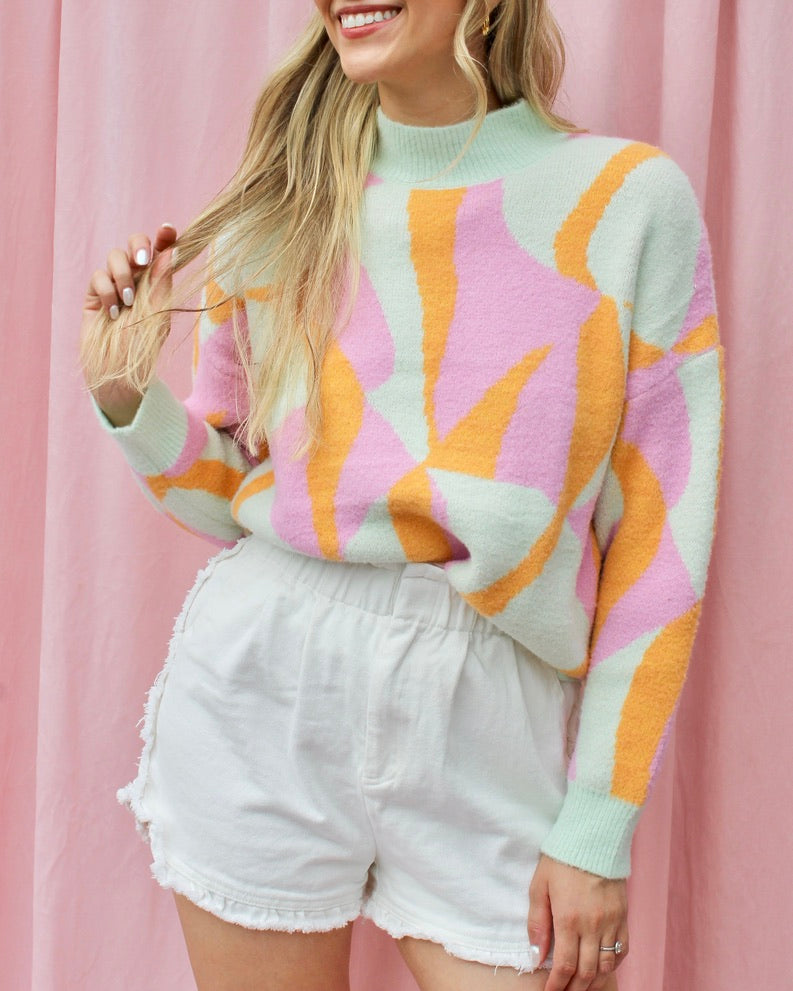 RANDA PASTEL SWIRL CREWNECK FUZZY SWEATER