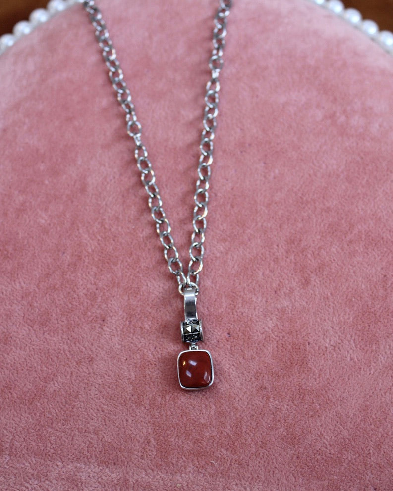 Red & Silver Square Pendant Necklace