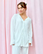 Load image into Gallery viewer, ME AMOUR WHITE PLEATED SILKY LOUNGE BUTTON-UP TOP
