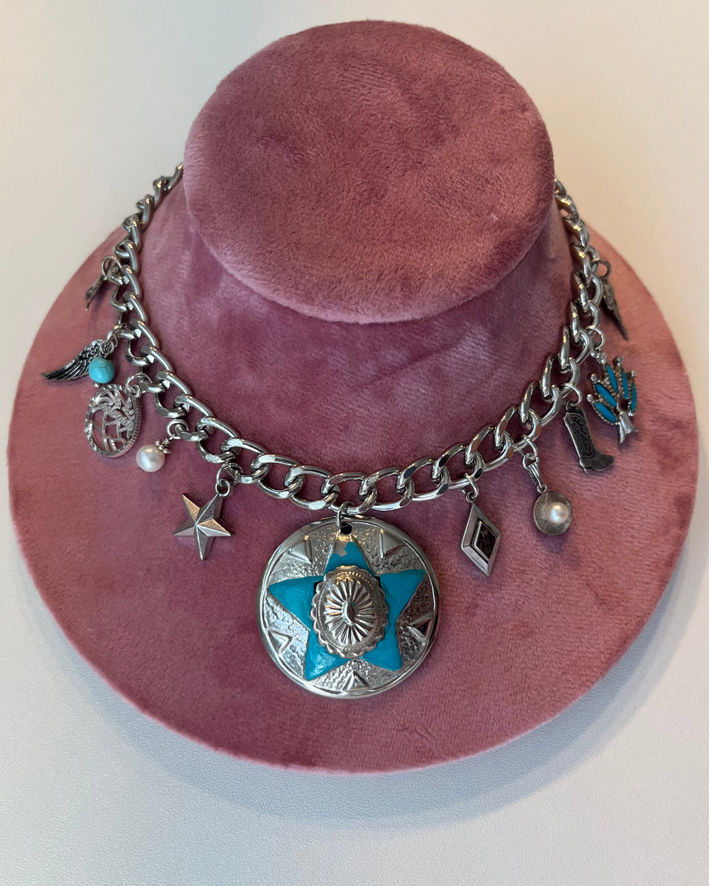 Western Turquoise Silver Vintage Charm Necklace