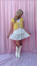 Load and play video in Gallery viewer, DULCIE DAINTY YELLOW POINTELLE TIE-FRONT KNIT CARDIGAN
